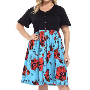 AMZ PLUS Women's Floral Dress w/ Pockets Short Sleeve Size XL Black Blue Red